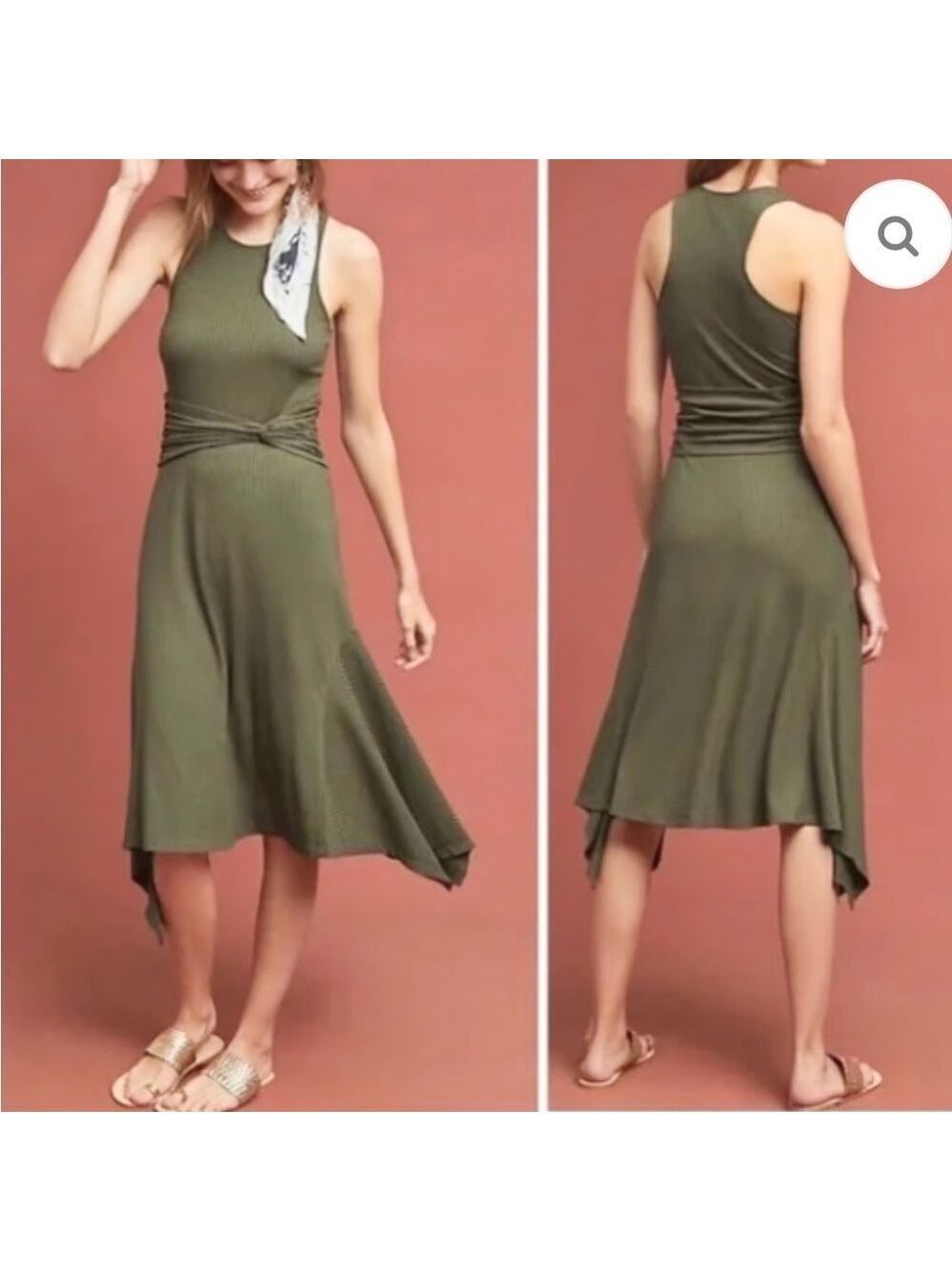 ANTHROPOLOGIE Ribbed Kingsolver Asymmetric Midi Dress Army Olive Green Size XS